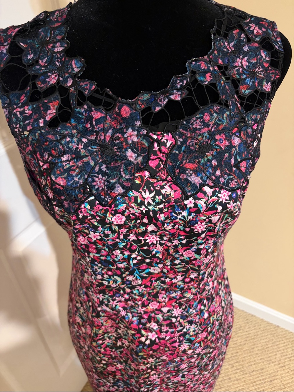 Elie Tahari Black Multicolor Floral Lace-Trim Formal Dress